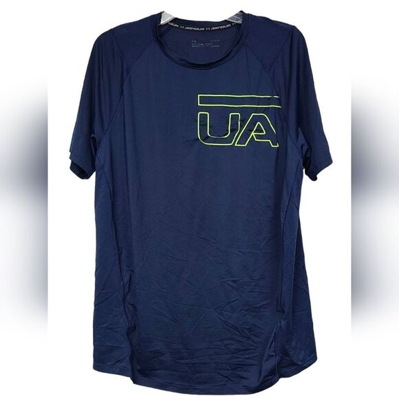 Under Armour T-Shirt MK1 Graphic HeatGear Fitted Navy Blue Green Athletic Jersey - Picture 1 of 8